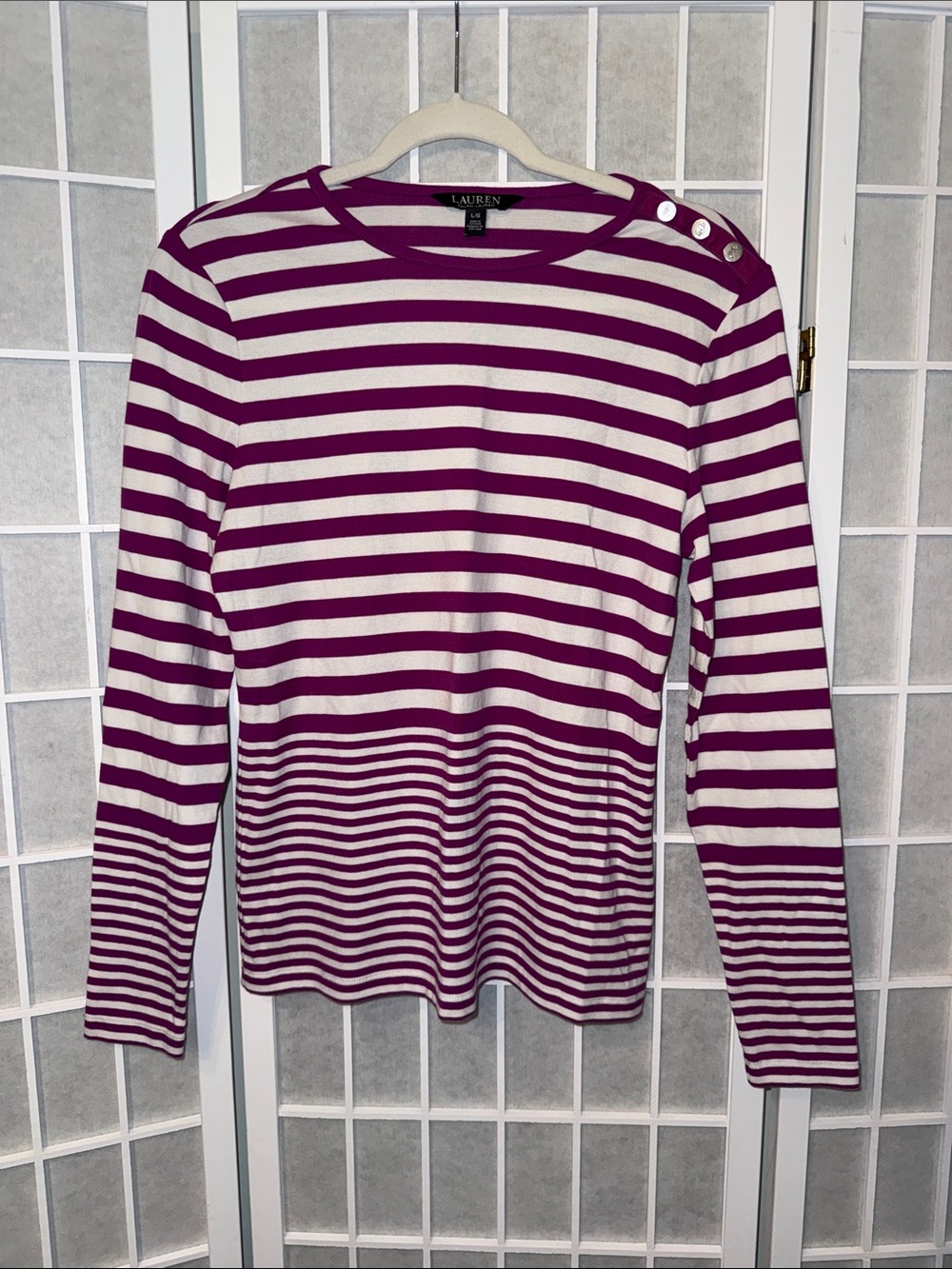 Lauren Ralph Lauren Purple and White Striped Long-Sleeve Button-Shoulder Tee L